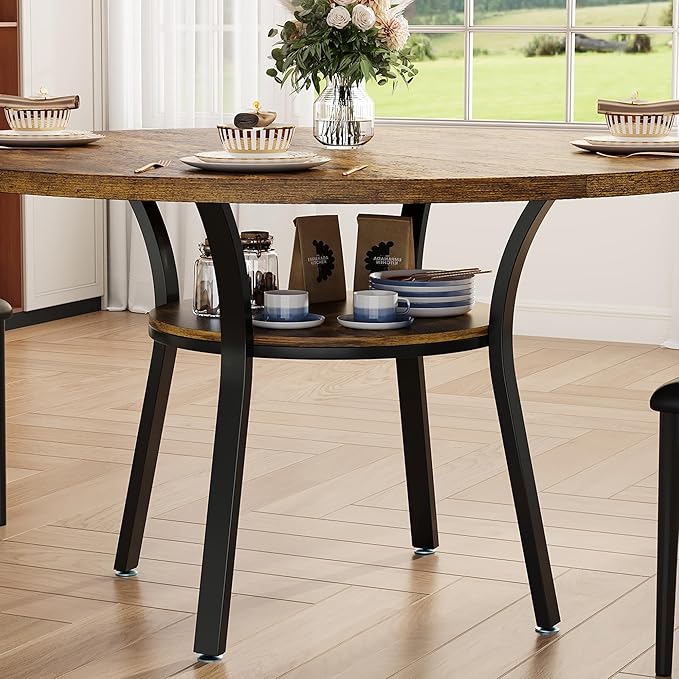 IDEALHOUSE Round Dining Table for 4-6, 47 Inch Kitchen Table with Sturdy Metal Frame, Space Saving Circle Dining Room Table for Small Space (Table Only), Rustic Brown