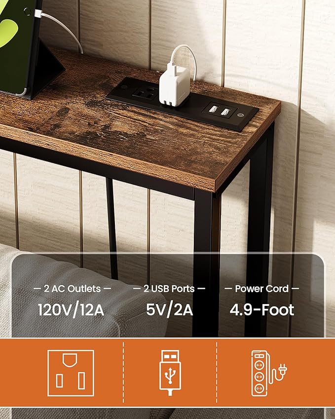 78.7'' Narrow Console Table with Power Outlet 7.1" Skinny Sofa Table, Long Behind Couch Table with Charging Station, Entryway Table for Hallway, Living Room Rustic Brown and Black TXG20UBF
