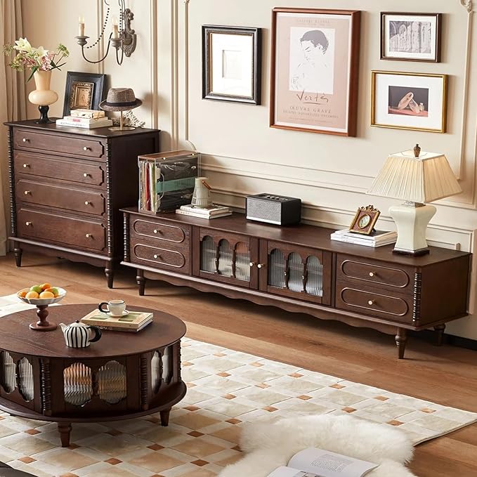 Fully Assembled 78" Solid Wood TV Stand for TVs up to 85 Inch, Modern Entertainment Ceter with Storage Cabinet and 4 Drawers, TV Media Console Table TV Stand for Living Room Bedroom, Walnut