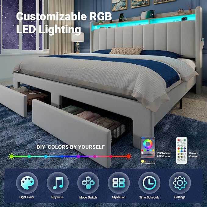 Allewie Velvet Vertical Tufted King Size Upholstered Platform Bed Frame with 2-Tier LED Storage Headboard & 2 Storage Drawers, USB & Type-C Charging Ports, Noise-Free/No Box Spring Needed, White