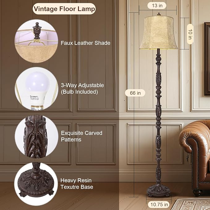 Scenekoy Vintage 66” Tall Floor Lamp for Living Room Bedroom, Retro Resin Carved Standing Lamp with Faux Leather Shade, 3-Way Adjustable Bulb, Rotary Switch Rustic Corner Light for Home Decor