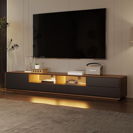 POVISON Fully-Assembled Mid Century Modern TV Stand with LED Lights, Wood Media Console with 4 Drawers for 85+ inch TV, Entertainment Center with Open Storage Cabinet