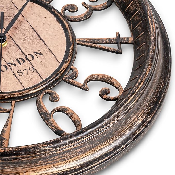 Bernhard Products Large Wall Clock 16 Inch Non Ticking Battery Operated Brown Rustic Farmhouse Vintage Design Stylish Decorative Clocks for Home/Office/Kitchen/Living Room/Bedroom