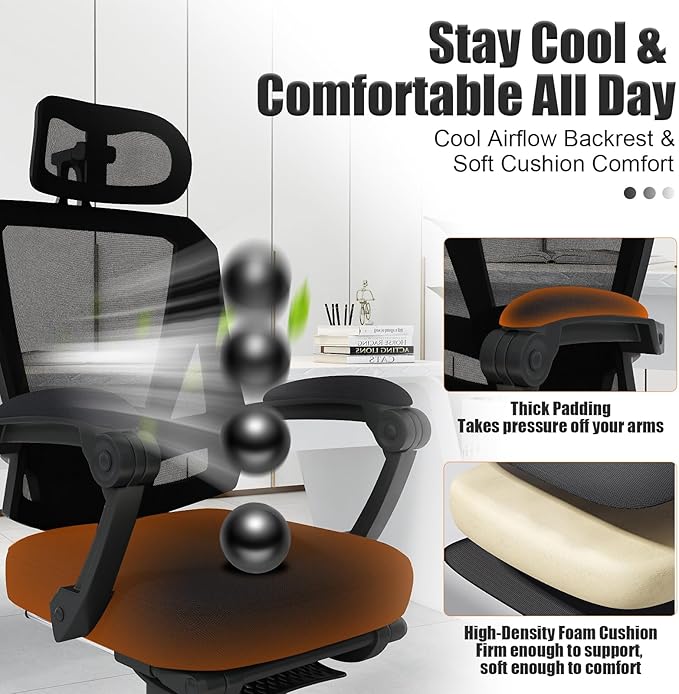 Ergonomic Office Chair with Footrest, High Back Swivel Mesh Desk Chair, Big and Tall Rolling Computer Chair with Headrest, Lumbar Support, 3-Level Tilt Backrest for Home, Bedroom, Work
