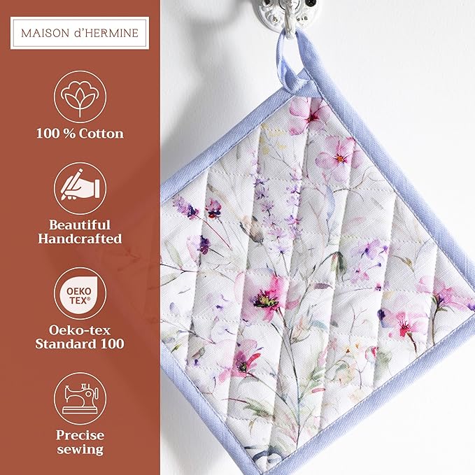 Maison d' Hermine Pot Holders Set 100% Cotton Heat Resistant Potholders 8" x 8" Hot Pads with Loop BBQ, Cooking, Baking, Grilling, Kitchen, Handling Hot Pans Spring/Summer (Pack of 2, Summer Floral)