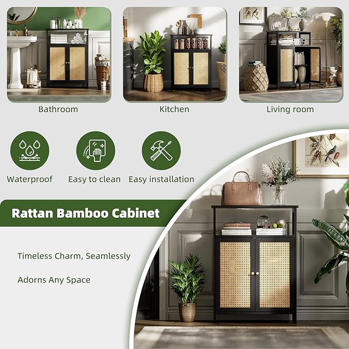 Bamboo Floor Rattan Cabinet, Bathroom Storage Organizer Rack with 2 Doors and 1 Shelf, Space Saving Wood Kitchen Cupboard, Hallway Side Table, Living Room Freestanding Stand (Black)