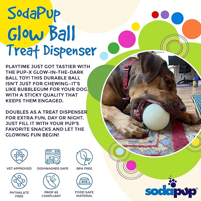 SodaPup Glow Ball – Durable Dog Treat Dispenser & Chew Toy Made in USA from Non-Toxic, Pet Safe, Food Safe Natural Rubber for Mental Stimulation, Problem Chewing, Calming Nerves & More