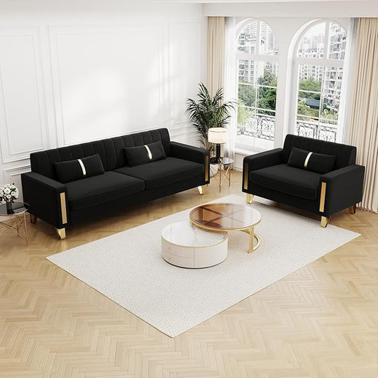 Couch 85.62" 3 Seats Sectional Velvet Fabric Sofa Easy Assemble Sofa Bed with 2 Couch Pillows,Gold Metal Legs for Living Room (P17, Black（3+1）)