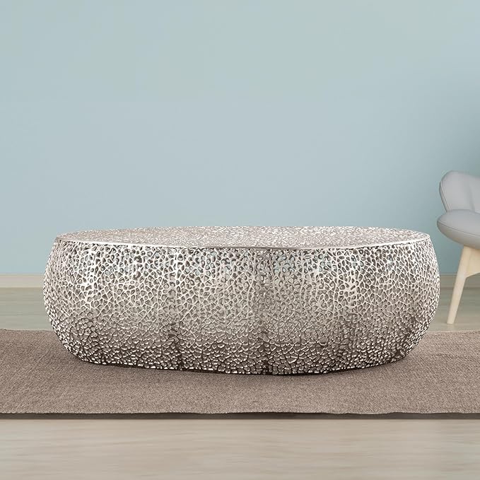 Modern Contemporary Oval-Shape 50" Coffee Table, Solid Aluminum intrigued Design, Mesh Cocktail Table, Creative Center Table for Living Room and Bedroom, Casted in Silver