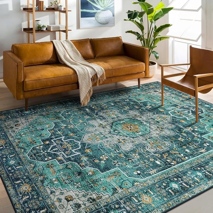 Moynesa Ultra-Thin Washable 10x14 Area Rugs for Living Room, Teal Large Living Room Rug Non Slip, Vintage Oriental Indoor Floor Carpet for Dining Room Table Dorm Home Office Decor