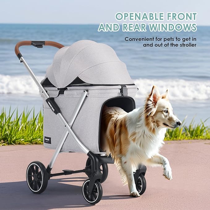 X6 Luxury Pet Stroller for Medium Dogs up to 66 lbs, One-Second Fold Design, 180° Canopy, 4-Wheel Shock Absorption (Grey)
