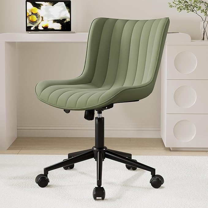 Kidol & Shellder Olive Green Leather Home Office Desk Chair with Wheels Modern Cute Armless Executive Swivel Vanity Chair with Comfy Padded Back Ergonomic Rolling Adjustable Computer Task Chair Small