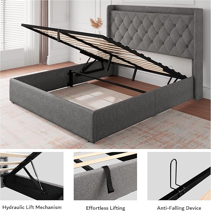 iPormis Queen Size Lift Up Storage Bed Frame with Charging Station, Upholstered Platform Bed Frame with Tufted Headboard, Hydraulic Storage, No Box Spring Needed, Noise-Free, Easy Assembly, light Grey