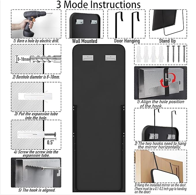 57x20 Door Hanging Full Length Mirror, Floor (Height 5.7ft just Body in 1.3ft) or Wall Mounted Metal Frame Rectangle Dressing Mirrors for Bedroom Bathroom Living Room 57 inch Black