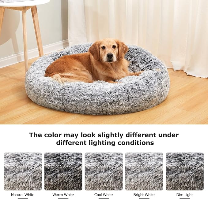 Bedfolks Calming Donut Dog Bed, 36 Inches Round Fluffy for Large Dogs, Anti-Anxiety Plush, Machine Washable (Dark Grey, Large)