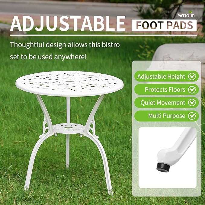 Outdoor Bistro Table and Chairs Set of 2, White Metal Patio Bistro Set, Cast Aluminum Bistro Set 3 Piece Outdoor with Umbrella Hole, 3 Piece Outdoor Bistro Set for Balcony Garden Porch