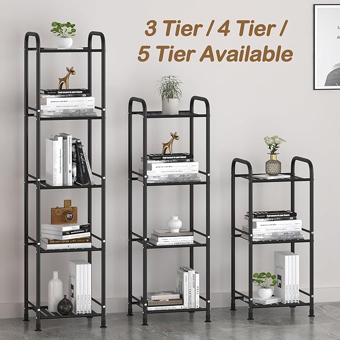 JSB 3 Tier Narrow Bathroom Shelving Unit, Kitchen Storage Rack Organizer Metal Corner Shelf for Living Room Laundry Pantry (Matte Black, 3 Tier)