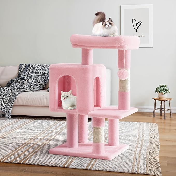 Allewie 29 Inches Cat Tree Tower/Plush Perches Platform/Condo/House/Sisal Scratching Posts/Multi-Level Activity Center Furniture for Kittens/Pink