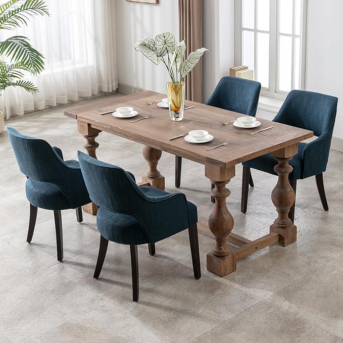 Farmhouse Dining Chairs Set of 2 Upholstered Linen Kitchen Chairs Accent Side Chair with Solid Wood Legs/Armrest for Living Room/Dining Room/Bedroom/Restaurant, Blue