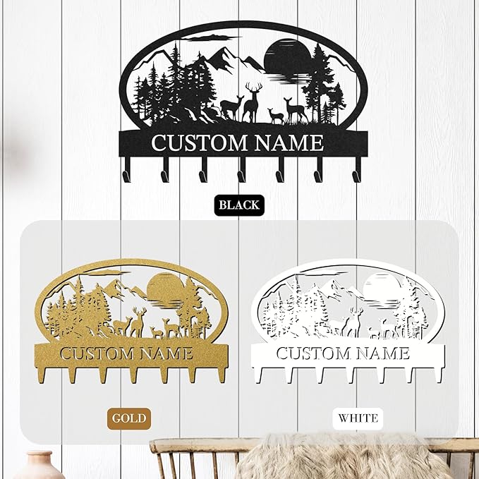 Personalized Key Holder for Wall, Custom Metal Deer Cabin Key Hooks with Name, Metal Jacket Holder Hooks Organizer Rack, Coat Hanger Decor for Kitchen, Entryway, Hallway, Office, Doorway