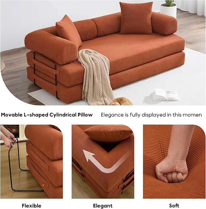 Convertible Sleeper Sofa Bed with Cylindrical Pillow, Corduroy Folding Mattress Couch with Fixed-Shape Frame, Floor Sofa Lounge Couch for Living Room Bedroom Lounge Studio, Orange