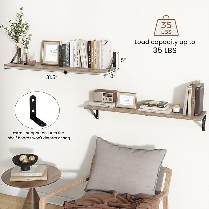 Axeman Floating Shelves for Wall 32 Inch | 31.5W x 8D Rustic Grey Wood Floating Shelves Set of 2 | 8" Deep Long Wall Shelves for Bathroom Kitchen Living Room | Bookshelf Display Shelves