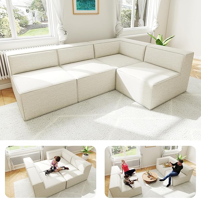 97" Sectional Compressed Sofa Modular Couches,High-Density Foam No Assembly Required,3-Piece(1xCorner 3xArmless) for Living Room, Chenille Beige White