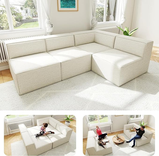 97" Sectional Compressed Sofa Modular Couches,High-Density Foam No Assembly Required,3-Piece(1xCorner 3xArmless) for Living Room, Chenille Beige White