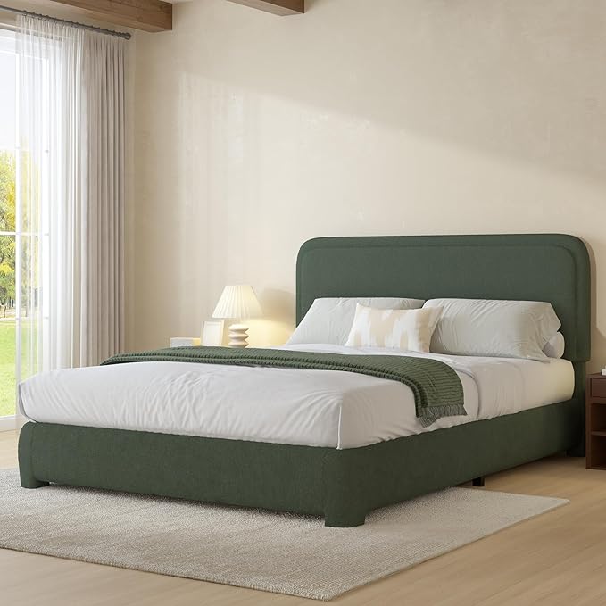 BarnFurin Full Size Bed Frame with Headboard, Boucle Upholstered Platform Bed Frame, Modern Style, Soft Rounded Corners, No Box Spring Required, Easy Assembly, Green