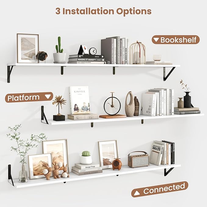 Axeman White Floating Shelves for Wall 55 Inch | 55W x 8D Rustic Wood Floating Shelves Set of 2 | 8" Deep Wall Shelves for Bathroom Kitchen Living Room | Bookshelf Display Shelves - White