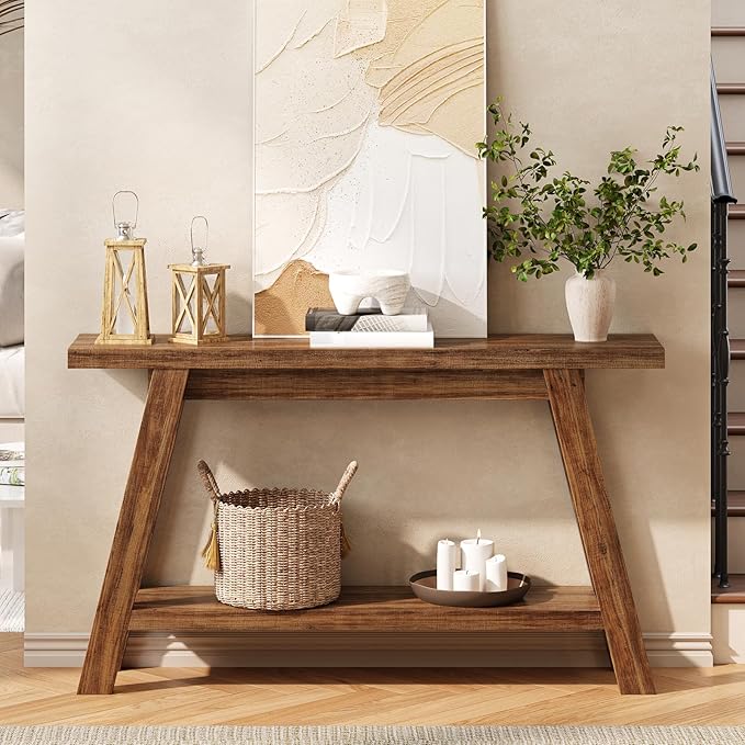 Console Table, 55-Inch Entryway Table with Storage 2-Tier Narrow Wood Console Table Behind Couch Sofa Tables for Living Room, Entryway, Hallway (Light Brown)