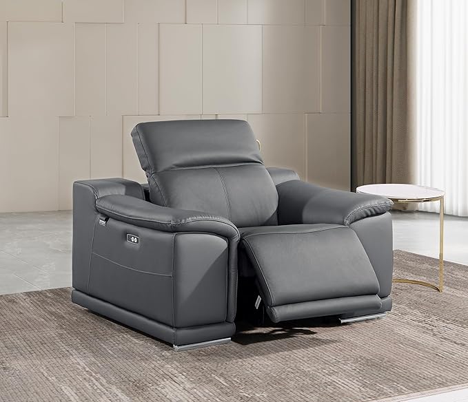 Blackjack Furniture Venice Top Grain Italian Leather Power Recliner Chair with Adjustable Headrest Modern Luxury Seating for Living Room Lounge, Dark Grey