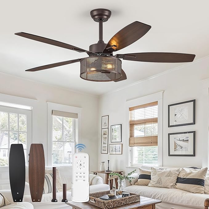 Farmhouse Oil Bronze Ceiling Fans with Lights and Remote, 52 Inch Bedroom Caged Ceiling Fans for Living Room Kitchen，6 Speed Reversible Quiet DC Motor, Dual Finish 5 Blades