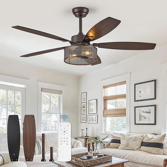 Farmhouse Oil Bronze Ceiling Fans with Lights and Remote, 52 Inch Bedroom Caged Ceiling Fans for Living Room Kitchen，6 Speed Reversible Quiet DC Motor, Dual Finish 5 Blades