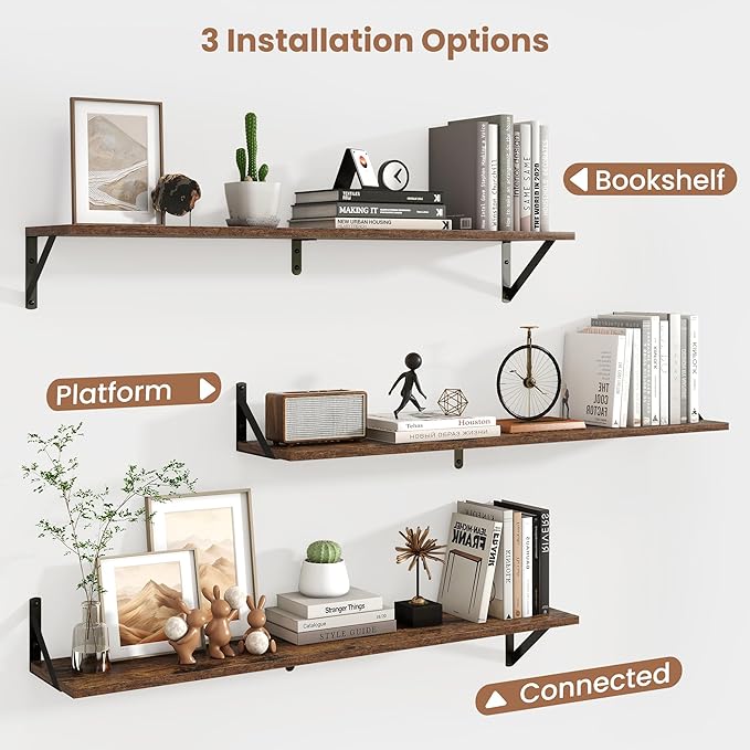 Axeman Floating Shelves for Wall 40 Inch | 39.4W x 8D Rustic Wood Floating Shelves Set of 2 | 8 Inch Deep Long Wall Shelves for Bathroom Kitchen Living Room | Bookshelf Display Shelves - Rustic Brown