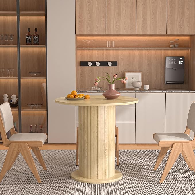 31.5 inch Round Dining Table for 2, Modern Farmhouse Kitchen Table, Small Circle Dining Tables with Wood Strip Base for Kitchen Living Room (Natural)