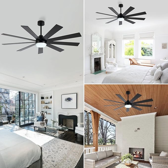 64" DC Motor Ceiling Fan with Light, 6-Speed Remote Control, Reversible Motor, Modern 9 Blades Black Ceiling Fan with 4.5"/12" Downrods for Home or Commercial, Living Room/Restaurant