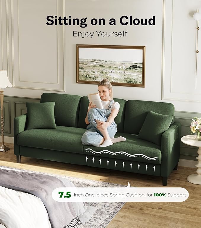 83" Couches for Living Room, Comfy Sofas for Living Room with Storage Ottoman, Teddy Sofa Couch, Tool-Free Loveseat Sofa, All-Wood Love Seat Couches, L Shaped Couch 2 Pillow Included, Green