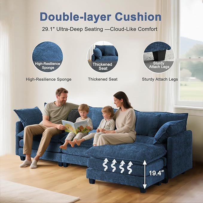 111.4" Cloud L Shaped Sectional Couch with Ottoman｜Modular Chenille Sofa with 29.1" Deep Seat｜FSC Solid Wood Frame｜Easy Assembly & 1YR Guarantee｜for Living Room Bedroom Apartment