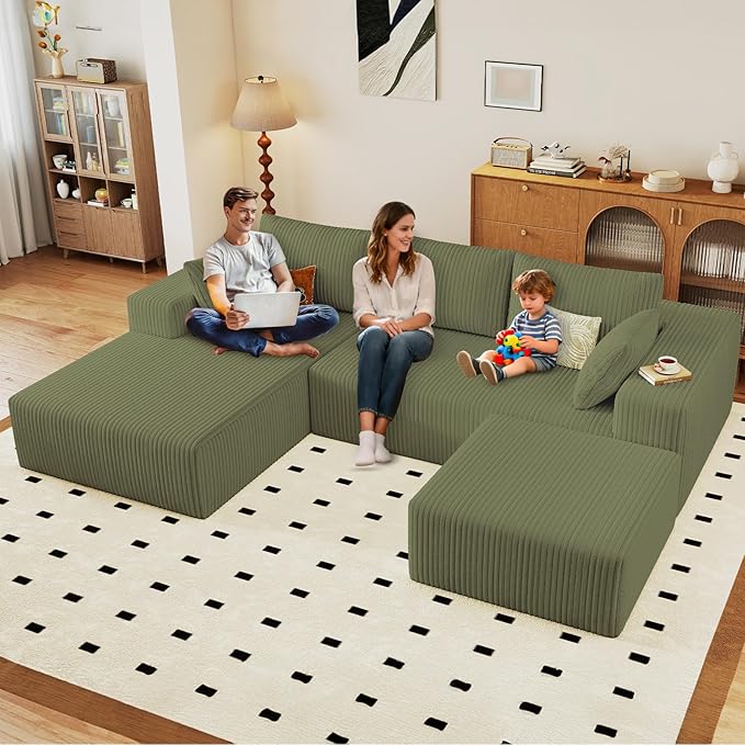 96" U-Shape Cloud Couch, Modern Modular Sectional L-Shape Sofa with Ottoman, Corduroy Upholstered Couches Deep Seat Sleeper Chaise Longue for Living Room, No Assembly Required(Green, Left Facing)