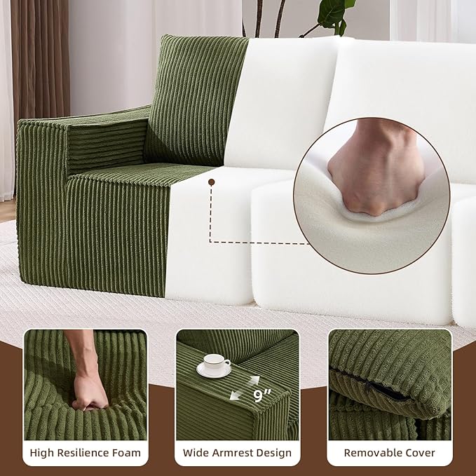 102” Boneless Modular Couch, 3 Seater Cloud Sofa for Living Room, Modern Sectional Sofa with Deep Seat, Comfy Fluffy Loveseat Couch, No Assembly Required, Green