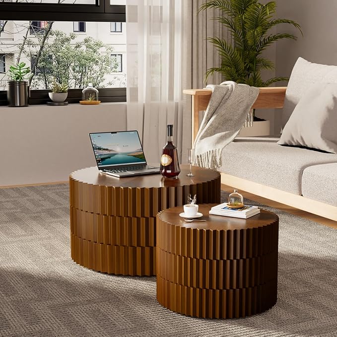 Round Nesting Coffee Table Set of 2, Round Fluted Coffee Tables for Living Room Modern Nesting End Side Tables for Small Spaces (B Brown)