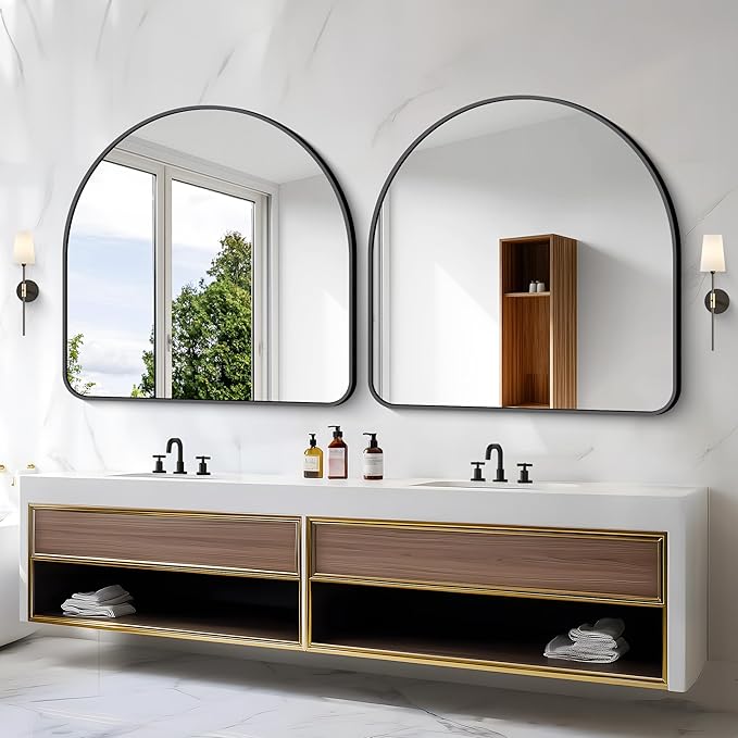 Arched Bathroom Mirror, 45"x45" Black Arched Mirror for Bathroom, Wall Mounted Mirror, Black Vanity Wall Mirror Metal Frame for Bedroom, Entryway, Living Room, Hanging or Leaning Against Wall