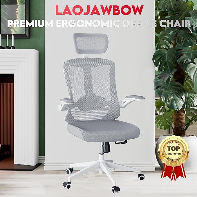 Ergonomic Office Chair - 400LB Comfy Desk Chairs with Adjustable Headrest and Lumbar Back Support, Mesh Computer Chairs with Wheels and Arms for Home Office, Study, Bedroom and Dorm (04grey)