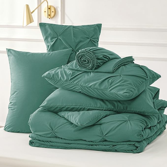 Bedsure Twin Comforter Set Graysih Green - Bed in a Bag Twin Size Bedding 5 Pieces, GentleSoft™ Pintuck Bed Set Gift for Family, Pinch Pleat Graysih Green Comforter with Sheets, Pillowcase & Sham