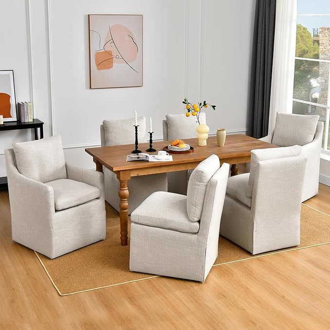 DUHOME Upholstered Armless Dining Chair with Casters,Linen Accent Chair for Living Room,Single Sofa Char with 4 Casters for Bedroom Reading Waiting Kitchen Dining Room