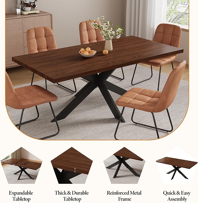 ZckyCine 51"-67" Extendable Dining Table, Modern Walnut Finish Table with Sturdy Metal Frame, Rectangular Kitchen Table for 6-8 People, Easy Assembly