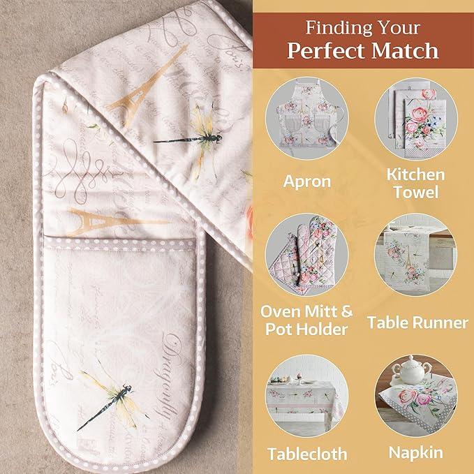 Maison d' Hermine Double Oven Mitts 100% Cotton 7"x35" Double Oven Mitt Heat Resistant BBQ Cooking Gloves with Loop, Baking, Grilling, Home, Kitchen, Handling Hot Pans Spring Summer (Champ De Mars)