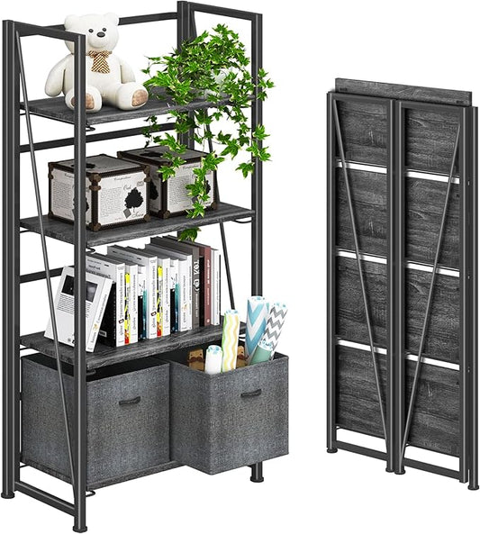 4NM No Assembly Folding Bookshelf Storage Shelves 4 Tiers Vintage Bookcase Standing Racks Study Organizer Home Office (Gray Black)