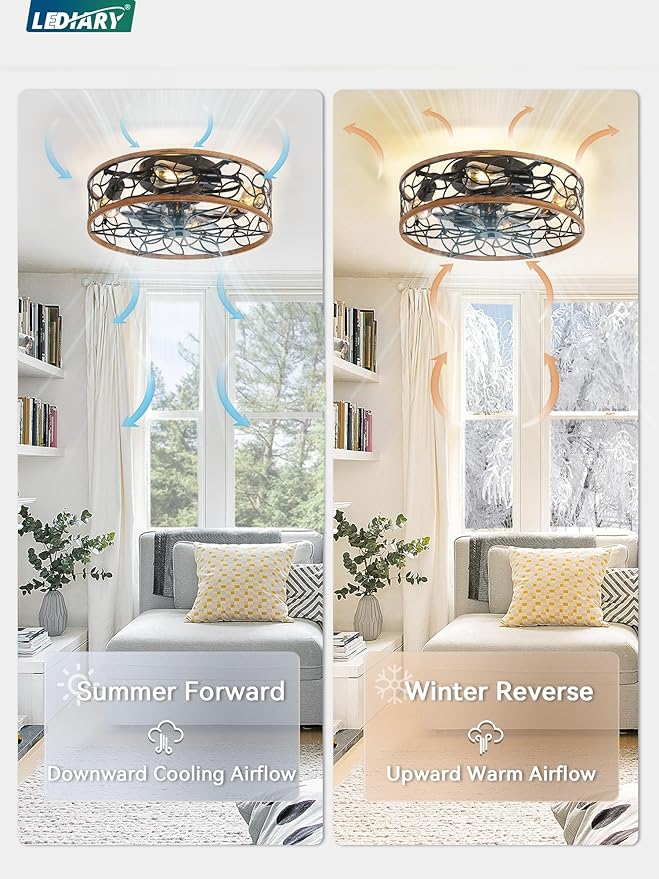 LEDIARY 20 Inch Caged Ceiling Fans with Lights, Farmhouse Flush Mount Ceiling Fan with Remote, Black&Walnut Low Profile Ceiling Fan Light Fixture for Bedroom, Kitchen, Dining Room